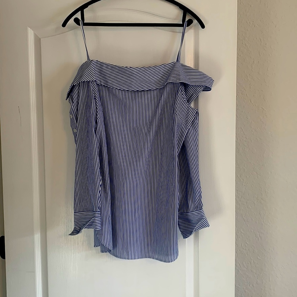 NWOT Medium Pinstriped blue and white off the shoulder cotton blouse